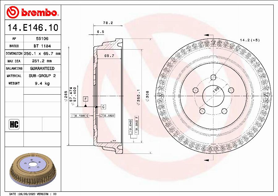 Brembo 14.E146.10 - Bremžu trumulis www.autospares.lv