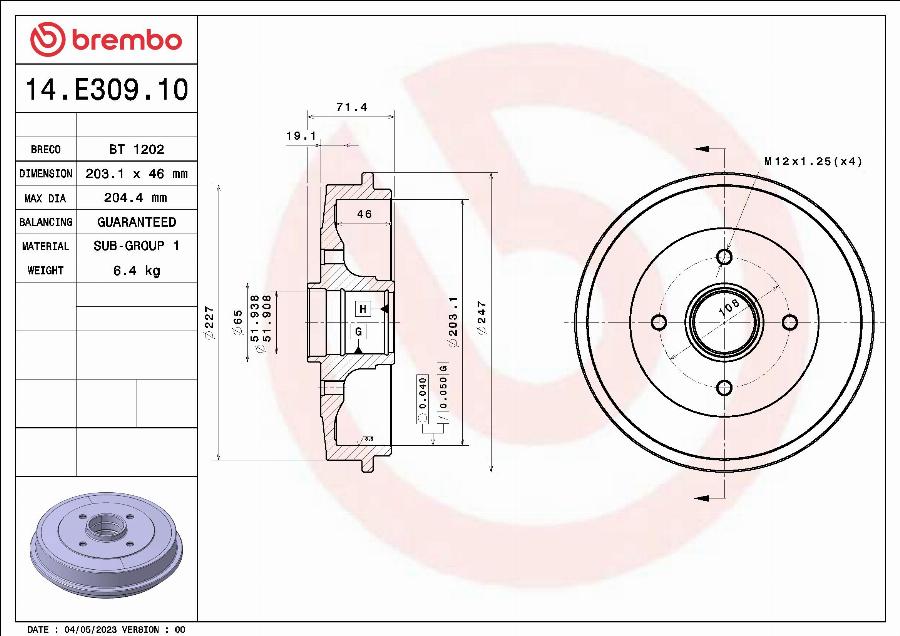 Brembo 14.E309.10 - Bremžu trumulis www.autospares.lv