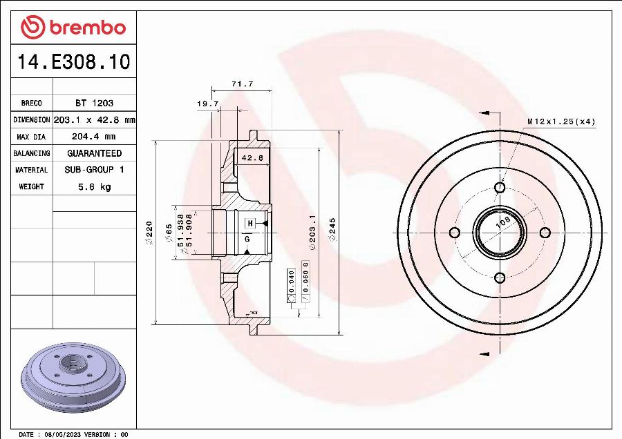 Brembo 14.E308.10 - Bremžu trumulis www.autospares.lv