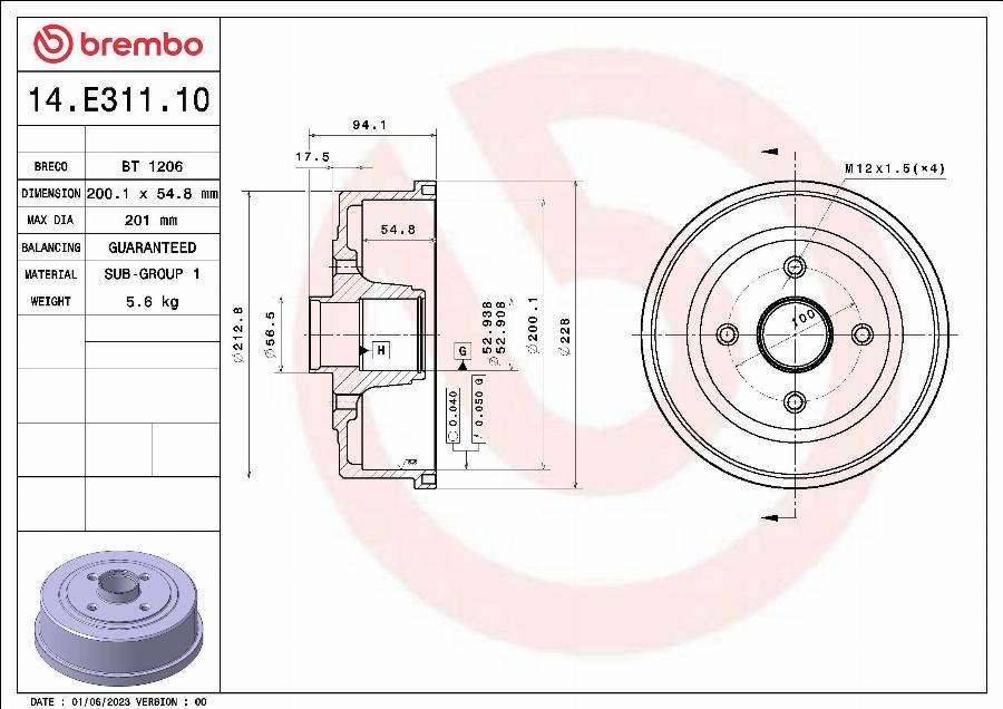 Brembo 14.E311.10 - Bremžu trumulis www.autospares.lv