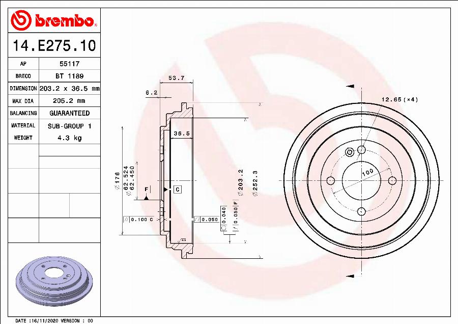 Brembo 14.E275.10 - Bremžu trumulis www.autospares.lv