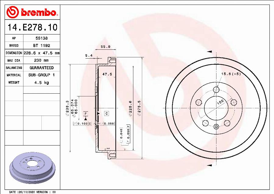 Brembo 14.E278.10 - Bremžu trumulis www.autospares.lv