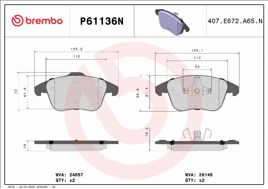 Brembo P61136N - Bremžu uzliku kompl., Disku bremzes www.autospares.lv