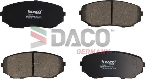 DACO Germany 322212 - Тормозные колодки, дисковые, комплект www.autospares.lv