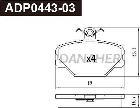 Danaher ADP0443-03 - Тормозные колодки, дисковые, комплект www.autospares.lv