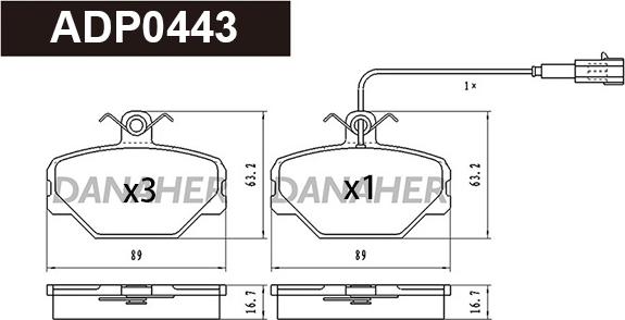 Danaher ADP0443 - Тормозные колодки, дисковые, комплект www.autospares.lv