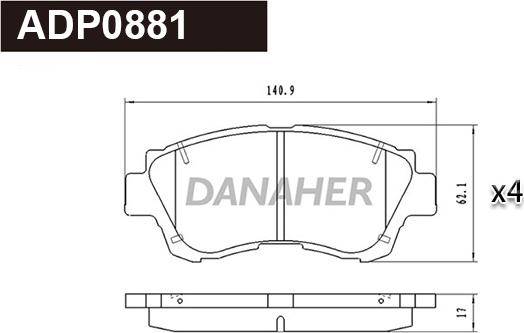 Danaher ADP0881 - Тормозные колодки, дисковые, комплект www.autospares.lv