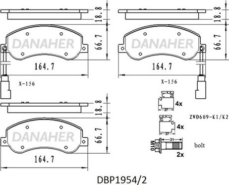 Danaher DBP1954/2 - Bremžu uzliku kompl., Disku bremzes www.autospares.lv