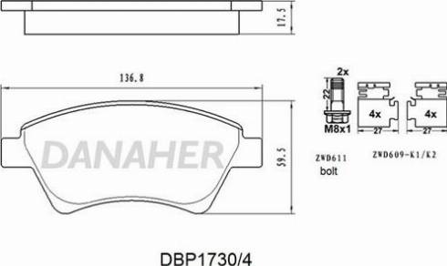 Danaher DBP1730/4 - Bremžu uzliku kompl., Disku bremzes autospares.lv