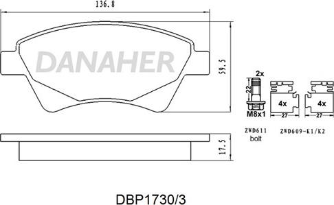 Danaher DBP1730/3 - Bremžu uzliku kompl., Disku bremzes autospares.lv