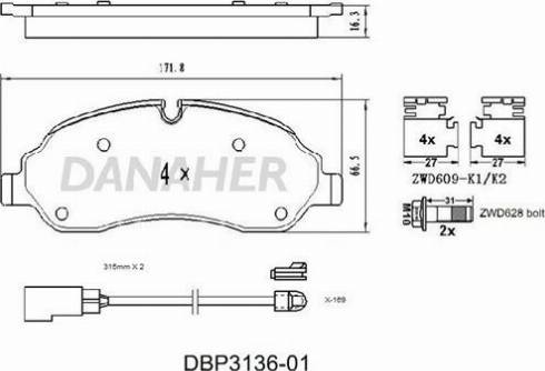 Danaher DBP3136-01 - Bremžu uzliku kompl., Disku bremzes autospares.lv