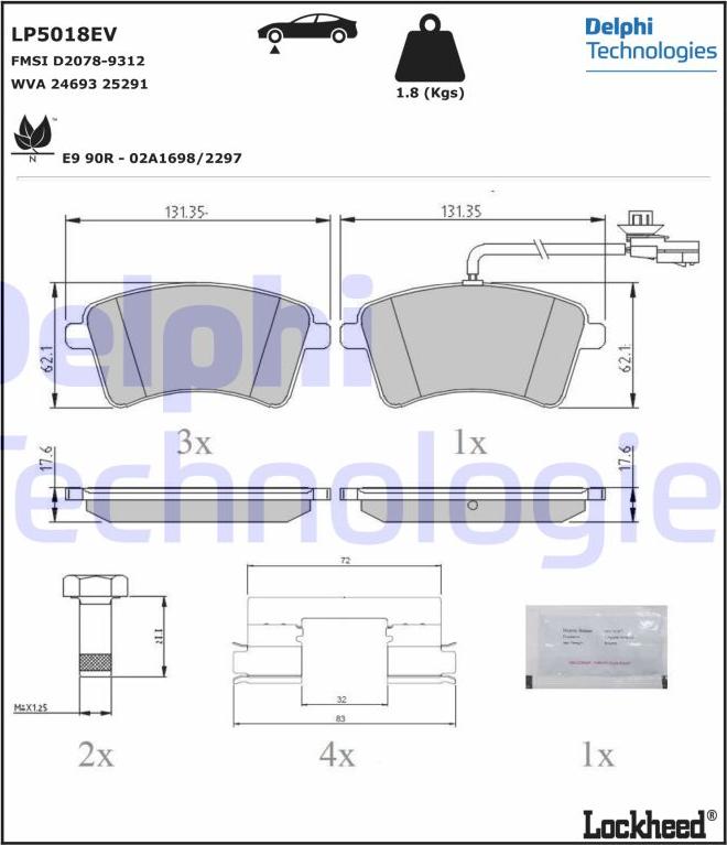 Delphi LP5018EV - Bremžu uzliku kompl., Disku bremzes www.autospares.lv