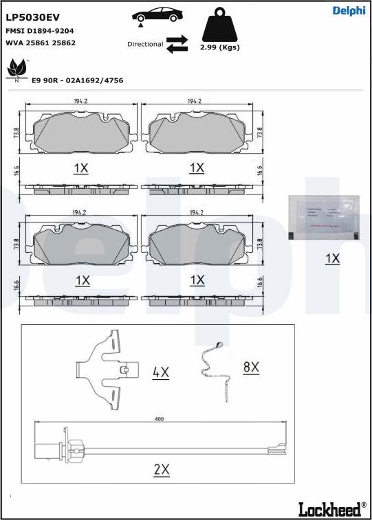 Delphi LP5030EV - Bremžu uzliku kompl., Disku bremzes www.autospares.lv