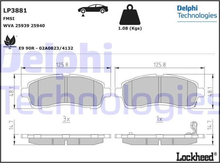 Delphi LP3881 - Bremžu uzliku kompl., Disku bremzes www.autospares.lv