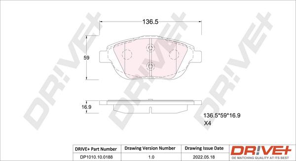 Dr!ve+ DP1010.10.0188 - Тормозные колодки, дисковые, комплект www.autospares.lv