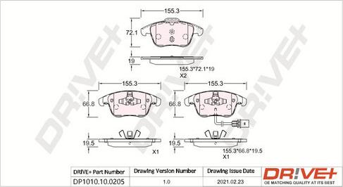 Dr!ve+ DP1010.10.0205 - Тормозные колодки, дисковые, комплект www.autospares.lv