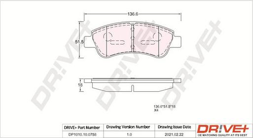 Dr!ve+ DP1010.10.0758 - Тормозные колодки, дисковые, комплект www.autospares.lv