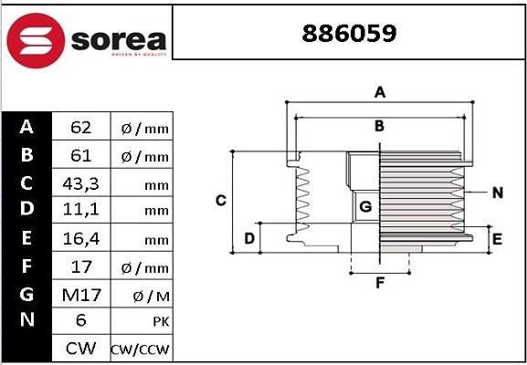 EAI 886059 - Шкив генератора, муфта www.autospares.lv