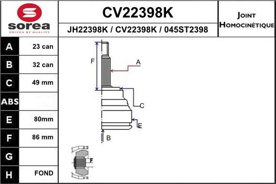 EAI CV22398K - Šarnīru komplekts, Piedziņas vārpsta autospares.lv