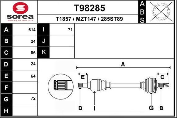 EAI T98285 - Piedziņas vārpsta autospares.lv