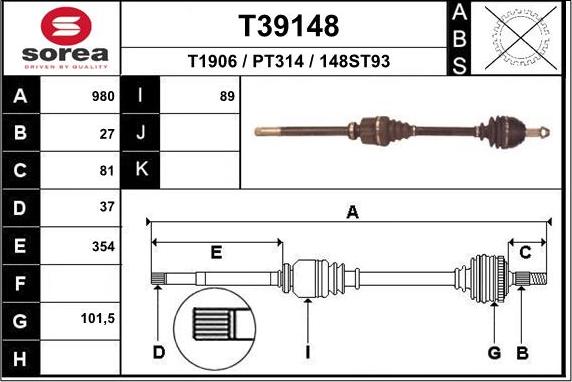 EAI T39148 - Piedziņas vārpsta www.autospares.lv