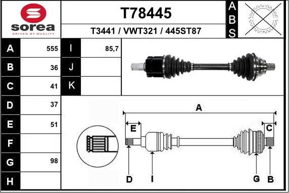 EAI T78445 - Piedziņas vārpsta www.autospares.lv