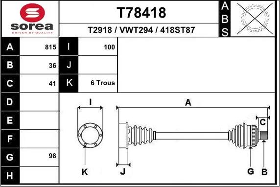 EAI T78418 - Piedziņas vārpsta autospares.lv