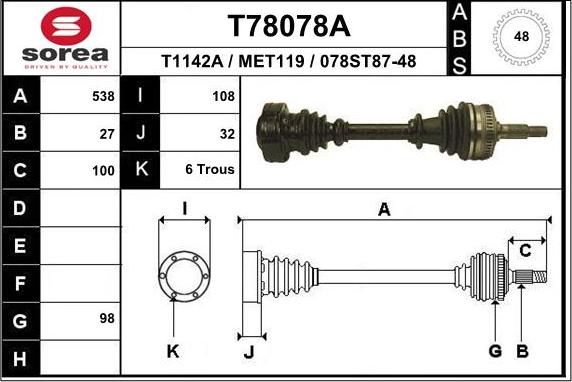 EAI T78078A - Приводной вал www.autospares.lv