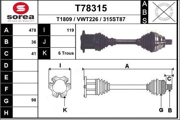 EAI T78315 - Piedziņas vārpsta autospares.lv