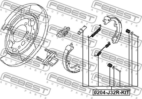 Febest 0204-J32R-KIT - Piederumu komplekts, Stāvbremzes mehānisma bremžu loks www.autospares.lv