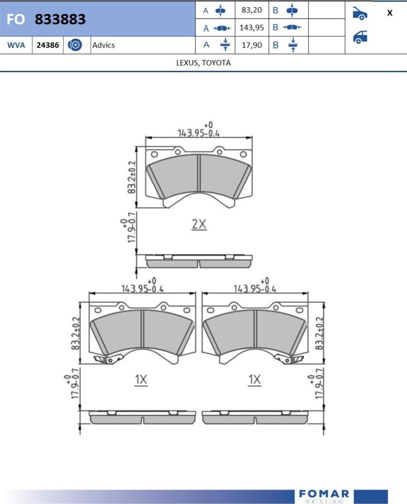 FOMAR Friction FO 833883 - Bremžu uzliku kompl., Disku bremzes www.autospares.lv