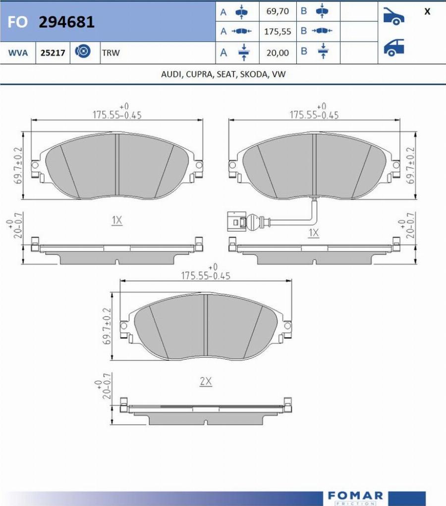 FOMAR Friction FO 294681 - Bremžu uzliku kompl., Disku bremzes www.autospares.lv