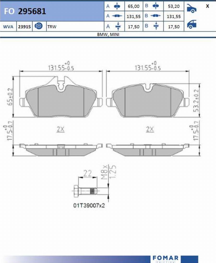 FOMAR Friction FO 295681 - Bremžu uzliku kompl., Disku bremzes www.autospares.lv