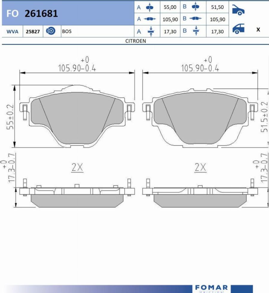 FOMAR Friction FO 261681 - Bremžu uzliku kompl., Disku bremzes www.autospares.lv