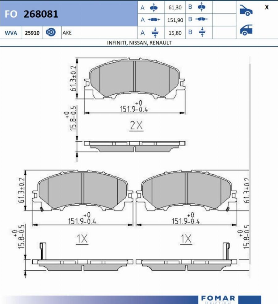 FOMAR Friction FO 268081 - Bremžu uzliku kompl., Disku bremzes www.autospares.lv