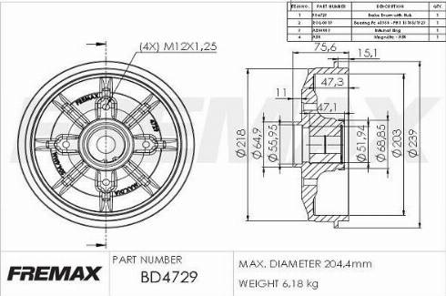 FREMAX BD-4729-KT - Bremžu trumulis www.autospares.lv