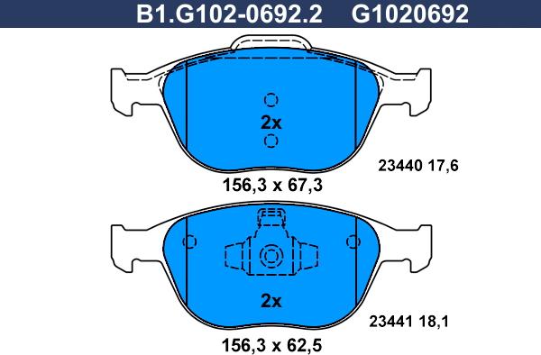 Galfer B1.G102-0692.2 - Тормозные колодки, дисковые, комплект www.autospares.lv