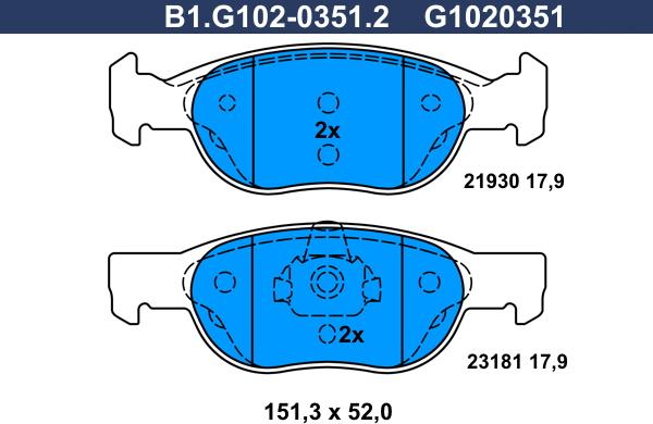 Galfer B1.G102-0351.2 - Тормозные колодки, дисковые, комплект www.autospares.lv