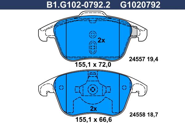 Galfer B1.G102-0792.2 - Тормозные колодки, дисковые, комплект www.autospares.lv