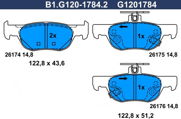 Galfer B1.G120-1784.2 - Тормозные колодки, дисковые, комплект www.autospares.lv