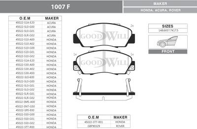 GoodWill 1007 F - Brake Pad Set, disc brake www.autospares.lv