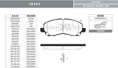 GoodWill 1019 F - Тормозные колодки, дисковые, комплект www.autospares.lv