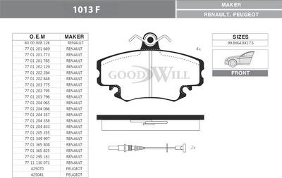 GoodWill 1013 F - Brake Pad Set, disc brake www.autospares.lv