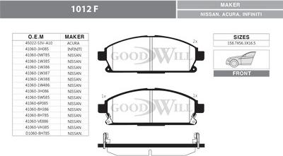 GoodWill 1012 F - Тормозные колодки, дисковые, комплект www.autospares.lv