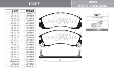 GoodWill 1023 F - Brake Pad Set, disc brake www.autospares.lv