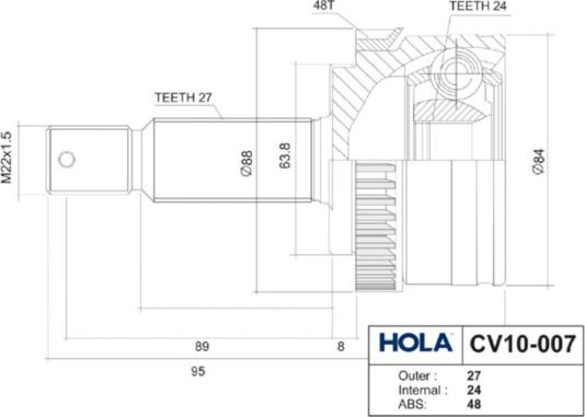 Hola CV10007 - Шарнирный комплект, ШРУС, приводной вал www.autospares.lv