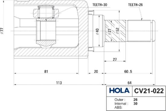 Hola CV21-022 - Šarnīru komplekts, Piedziņas vārpsta www.autospares.lv