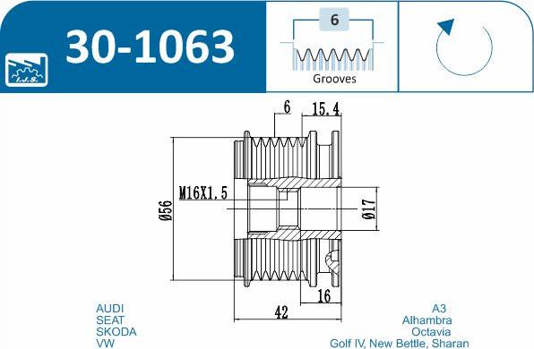 IJS GROUP 30-1063 - Шкив генератора, муфта www.autospares.lv