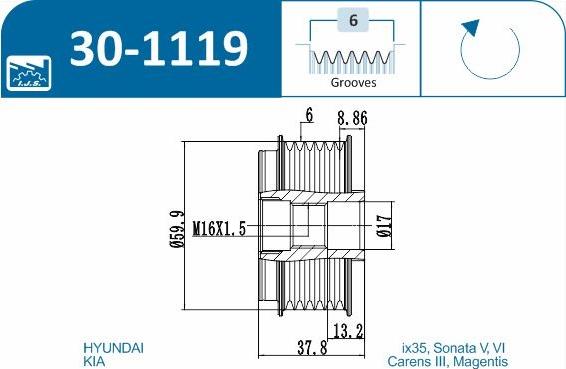 IJS GROUP 30-1119 - Шкив генератора, муфта www.autospares.lv