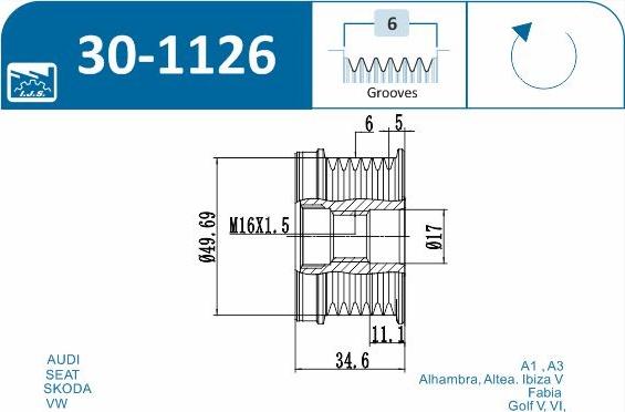 IJS GROUP 30-1126 - Piedziņas skriemelis, Ģenerators autospares.lv